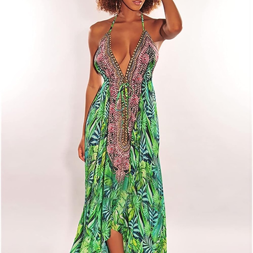 Tropical Green Backless Halter Dress